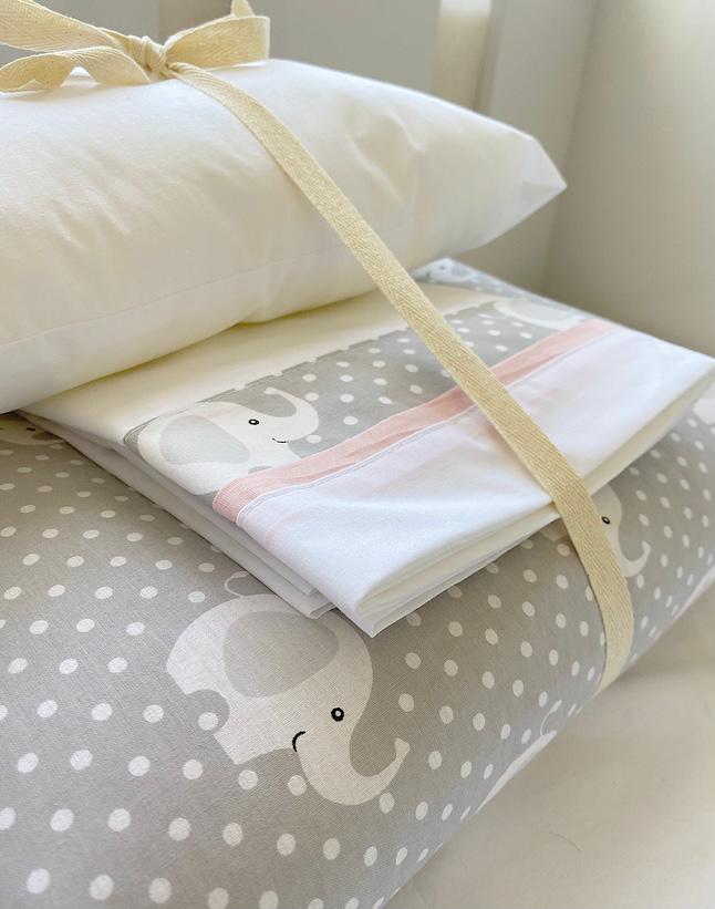 Set Cuna Pack Play  Elefante Gris Rosado