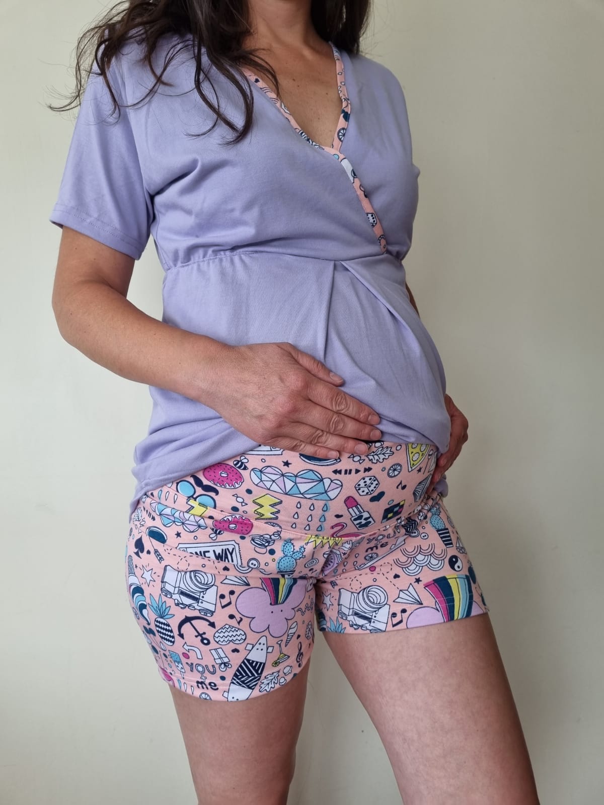 Pijama Lila Short Damasco Con Diseño