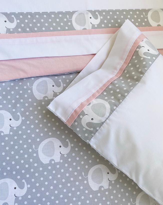 Set Cuna Pack Play  Elefante Gris Rosado