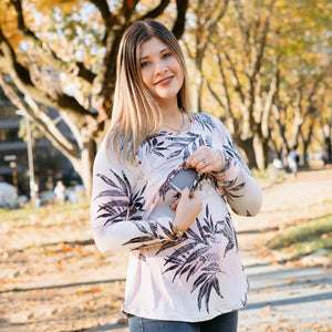 Polera Renata Hojas Azules Rosada Manga Larga